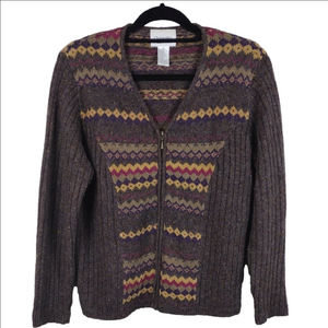 Christopher & Banks Brown Wool Blend Fair Isle Pattern Zip Up Knit Cardigan